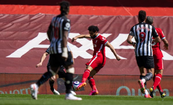 LIVERPOOL, ENGLAND - Saturday, April 24, 2021: Liverpool's Mohamed Salah scores the first goal during the FA Premier League match between Liverpool FC and Newcastle United FC at Anfield. (Pic by David Rawcliffe/Propaganda)