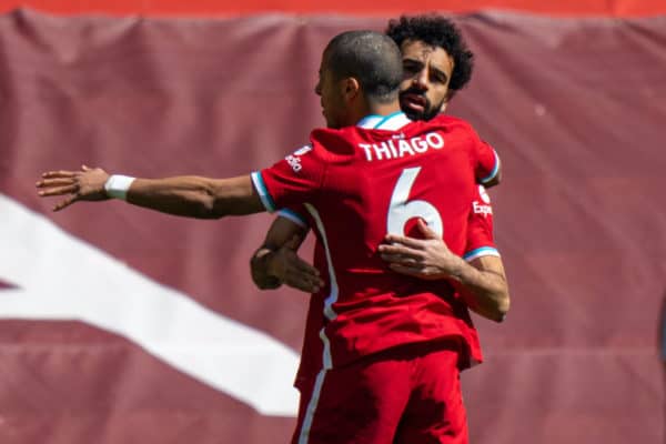 LIVERPOOL, ENGLAND - Saturday, April 24, 2021: Liverpool's Mohamed Salah (R) celebrates with team-mate Thiago Alcantara after scoring the first goal during the FA Premier League match between Liverpool FC and Newcastle United FC at Anfield. (Pic by David Rawcliffe/Propaganda)