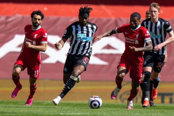 LIVERPOOL, ENGLAND - Saturday, April 24, 2021: Newcastle United's Allan Saint-Maximin (C) during the FA Premier League match between Liverpool FC and Newcastle United FC at Anfield. (Pic by David Rawcliffe/Propaganda)