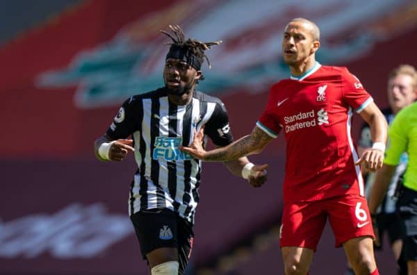 LIVERPOOL, ENGLAND - Saturday, April 24, 2021: Newcastle United's Allan Saint-Maximin (L) and Liverpool's Thiago Alcantara during the FA Premier League match between Liverpool FC and Newcastle United FC at Anfield. (Pic by David Rawcliffe/Propaganda)