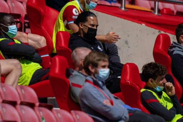 LIVERPOOL, ENGLAND - Saturday, April 24, 2021: Liverpool's injured Virgil van Dijk watches from the bench during the FA Premier League match between Liverpool FC and Newcastle United FC at Anfield. (Pic by David Rawcliffe/Propaganda)