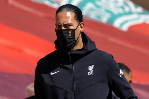 LIVERPOOL, ENGLAND - Saturday, April 24, 2021: Liverpool's injured Virgil van Dijk during the FA Premier League match between Liverpool FC and Newcastle United FC at Anfield. (Pic by David Rawcliffe/Propaganda)