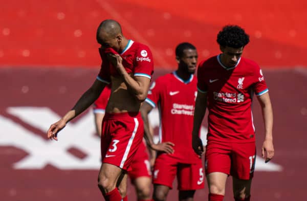 LIVERPOOL, ENGLAND - Saturday, April 24, 2021: Liverpool's Fabio Henrique Tavares 'Fabinho' looks dejected after his side concede a 95th minute equalising goal during the FA Premier League match between Liverpool FC and Newcastle United FC at Anfield. (Pic by David Rawcliffe/Propaganda)