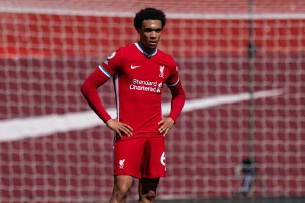 LIVERPOOL, ENGLAND - Saturday, April 24, 2021: Liverpool's Trent Alexander-Arnold looks dejected after his side concede a 95th minute equalising goal during the FA Premier League match between Liverpool FC and Newcastle United FC at Anfield. (Pic by David Rawcliffe/Propaganda)