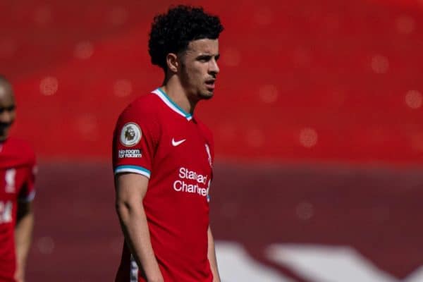 LIVERPOOL, ENGLAND - Saturday, April 24, 2021: Liverpool's Curtis Jones looks dejected after his side concede a 95th minute equalising goal during the FA Premier League match between Liverpool FC and Newcastle United FC at Anfield. (Pic by David Rawcliffe/Propaganda)