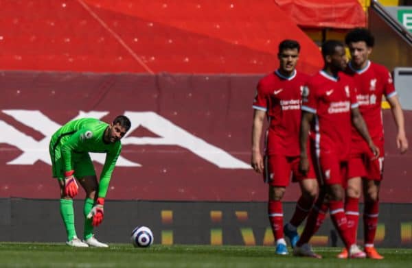 LIVERPOOL, ENGLAND - Saturday, April 24, 2021: Liverpool's goalkeeper Alisson Becker looks dejected after his side concede a 95th minute equalising goal during the FA Premier League match between Liverpool FC and Newcastle United FC at Anfield. (Pic by David Rawcliffe/Propaganda)