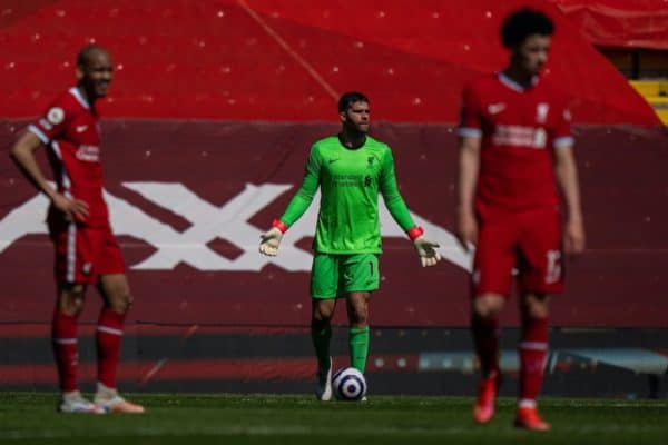 LIVERPOOL, ENGLAND - Saturday, April 24, 2021: Liverpool's goalkeeper Alisson Becker looks dejected after his side concede a 95th minute equalising goal during the FA Premier League match between Liverpool FC and Newcastle United FC at Anfield. (Pic by David Rawcliffe/Propaganda)