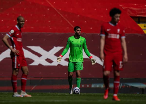 LIVERPOOL, ENGLAND - Saturday, April 24, 2021: Liverpool's goalkeeper Alisson Becker looks dejected after his side concede a 95th minute equalising goal during the FA Premier League match between Liverpool FC and Newcastle United FC at Anfield. (Pic by David Rawcliffe/Propaganda)