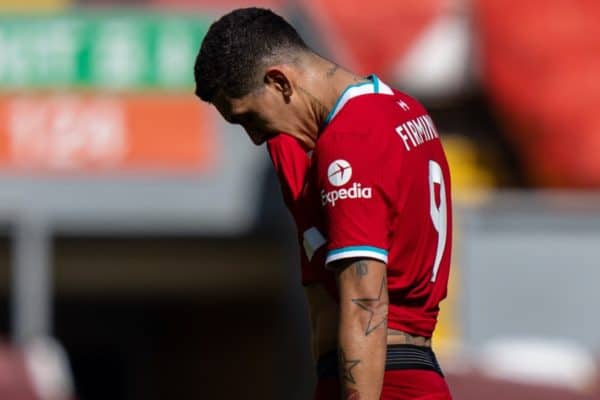 LIVERPOOL, ENGLAND - Saturday, April 24, 2021: Liverpool's Roberto Firmino walks off dejected after his side concede a 95th minute equalising goal during the FA Premier League match between Liverpool FC and Newcastle United FC at Anfield. (Pic by David Rawcliffe/Propaganda)