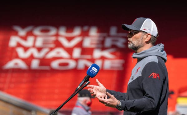 LIVERPOOL, ENGLAND - Saturday, April 24, 2021: Liverpool's manager Jürgen Klopp speaks ot the media after the FA Premier League match between Liverpool FC and Newcastle United FC at Anfield. The game ended in a 1-1 draw. (Pic by David Rawcliffe/Propaganda)