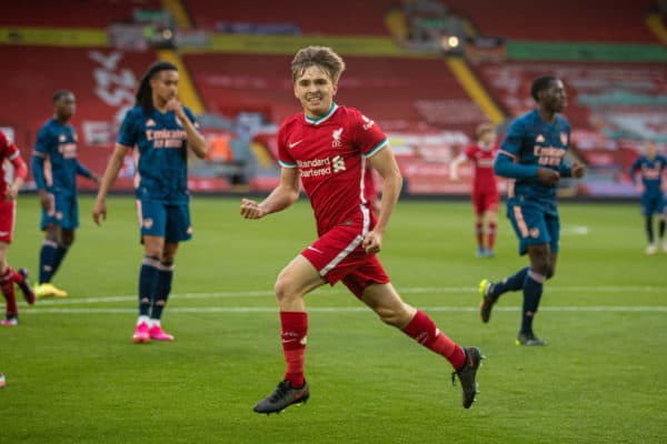 LIVERPOOL, ENGLAND - Friday, April 30, 2021: Liverpool’s James Norris celebrates after scoring the second goal, from a penalty-kick, during the FA Youth Cup Quarter-Final match between Liverpool FC Under-18's and Arsenal FC Under-18's at Anfield. (Pic by David Rawcliffe/Propaganda)