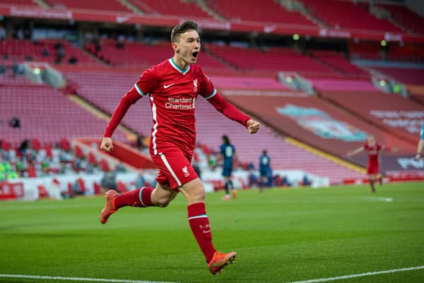 LIVERPOOL, ENGLAND - Friday, April 30, 2021: Liverpool’s Mateusz Musialowski celebrates after scoring the third goal during the FA Youth Cup Quarter-Final match between Liverpool FC Under-18's and Arsenal FC Under-18's at Anfield. (Pic by David Rawcliffe/Propaganda)