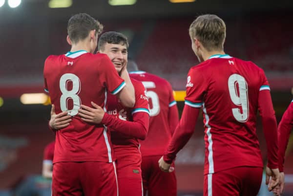 LIVERPOOL, ENGLAND - Friday, April 30, 2021: Liverpool’s Mateusz Musialowski (R) celebrates with team-mate Tyler Morton (L) and Max Woltman (R) after scoring the third goal during the FA Youth Cup Quarter-Final match between Liverpool FC Under-18's and Arsenal FC Under-18's at Anfield. (Pic by David Rawcliffe/Propaganda)