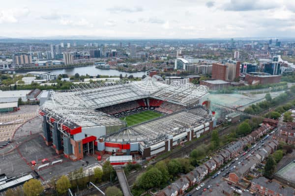 MANCHESTER, ENGLAND - Sunday, May 2, 2021: Green smoke rises as protest take place at Old Trafford, home of Manchester United, ahead of the FA Premier League match between Liverpool FC and Manchester United FC. (Pic by David Rawcliffe/Propaganda)