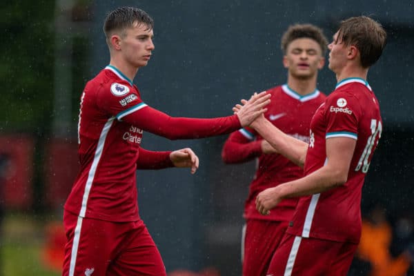 KIRKBY, ENGLAND - Monday, May 3, 2021: Liverpool's captain Ben Woodburn celebrates after scoring the second goal from a penalty-kick during the Premier League 2 Division 1 match between Liverpool FC Under-23's and Leicester City FC Under-23's at the Liverpool Academy. (Pic by David Rawcliffe/Propaganda)