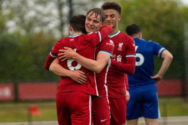 KIRKBY, ENGLAND - Monday, May 3, 2021: Liverpool's Leighton Clarkson (L) celebrates with team-mates Paul Glatzel (C) and Fidel O'Rourke (R) after scoring the first goal during the Premier League 2 Division 1 match between Liverpool FC Under-23's and Leicester City FC Under-23's at the Liverpool Academy. (Pic by David Rawcliffe/Propaganda)