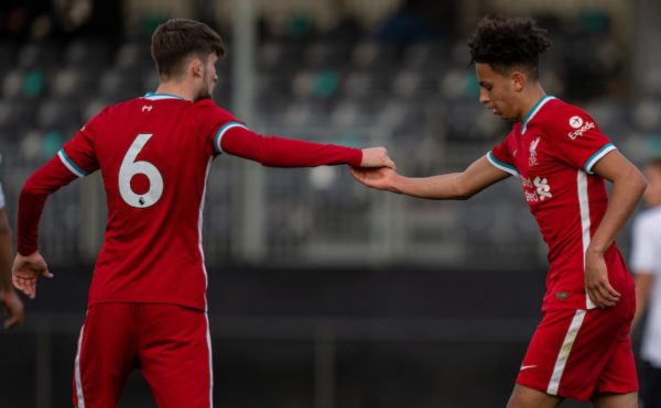 KIRKBY, ENGLAND - Tuesday, May 4, 2021: Liverpool's Kaide Gordon (R) celebrates after scoring the first goal with team-mate Terrance Miles during the Under-18 Premier League match between Liverpool FC 18-23's and Derby County FC Under-18's at the Liverpool Academy. (Pic by David Rawcliffe/Propaganda)