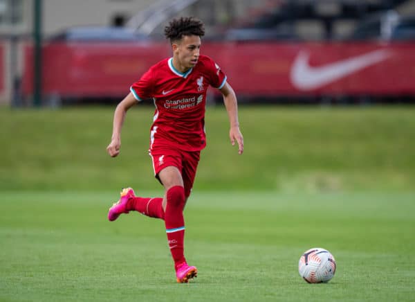 KIRKBY, ENGLAND - Tuesday, May 4, 2021: Liverpool's Kaide Gordon during the Under-18 Premier League match between Liverpool FC 18-23's and Derby County FC Under-18's at the Liverpool Academy. (Pic by David Rawcliffe/Propaganda)