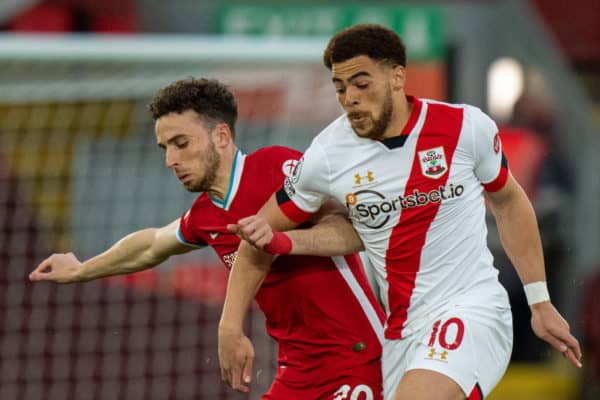 LIVERPOOL, ENGLAND - Saturday, May 8, 2021: Liverpool's Diogo Jota (L) and Southampton's Ché Adams during the FA Premier League match between Liverpool FC and Southampton FC at Anfield. (Pic by David Rawcliffe/Propaganda)