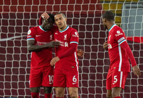 LIVERPOOL, ENGLAND - Saturday, May 8, 2021: Liverpool's Sadio Mané (L) celebrates with team-mate Thiago Alcantara after scoring the first goal during the FA Premier League match between Liverpool FC and Southampton FC at Anfield. (Pic by David Rawcliffe/Propaganda)