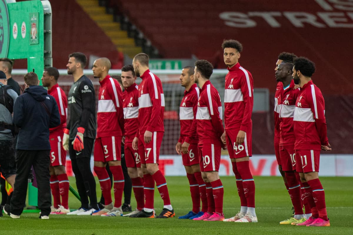 LIVERPOOL, ENGLAND - Saturday, May 8, 2021: Liverpool players line-up before the FA Premier League match between Liverpool FC and Southampton FC at Anfield. (Pic by David Rawcliffe/Propaganda)