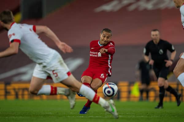 LIVERPOOL, ENGLAND - Saturday, May 8, 2021: Liverpool's Thiago Alcantara scores the second goal during the FA Premier League match between Liverpool FC and Southampton FC at Anfield. (Pic by David Rawcliffe/Propaganda)