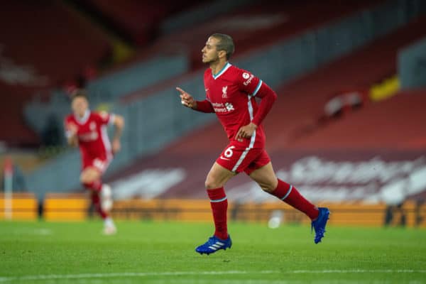 LIVERPOOL, ENGLAND - Saturday, May 8, 2021: Liverpool's Thiago Alcantara celebrates after scoring the second goal during the FA Premier League match between Liverpool FC and Southampton FC at Anfield. (Pic by David Rawcliffe/Propaganda)