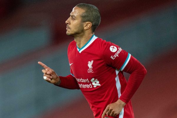 LIVERPOOL, ENGLAND - Saturday, May 8, 2021: Liverpool's Thiago Alcantara celebrates after scoring the second goal during the FA Premier League match between Liverpool FC and Southampton FC at Anfield. (Pic by David Rawcliffe/Propaganda)