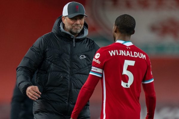 LIVERPOOL, ENGLAND - Saturday, May 8, 2021: Liverpool's manager Jürgen Klopp (L) celebrates with Georginio Wijnaldum after the FA Premier League match between Liverpool FC and Southampton FC at Anfield. Liverpool won 2-0. (Pic by David Rawcliffe/Propaganda)