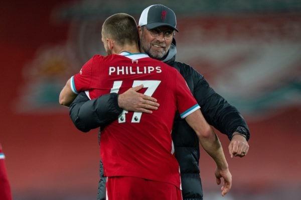 LIVERPOOL, ENGLAND - Saturday, May 8, 2021: Liverpool's Nathaniel Phillips (L) celebrates with manager Jürgen Klopp after the FA Premier League match between Liverpool FC and Southampton FC at Anfield. Liverpool won 2-0. (Pic by David Rawcliffe/Propaganda)