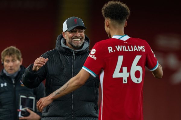 LIVERPOOL, ENGLAND - Saturday, May 8, 2021: Liverpool's Rhys Williams (R) celebrates with manager Jürgen Klopp after the FA Premier League match between Liverpool FC and Southampton FC at Anfield. Liverpool won 2-0. (Pic by David Rawcliffe/Propaganda)