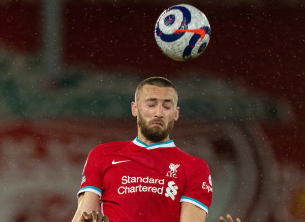 LIVERPOOL, ENGLAND - Saturday, May 8, 2021: Liverpool's Nathaniel Phillips wins a header from Southampton's Moussa Djenepo during the FA Premier League match between Liverpool FC and Southampton FC at Anfield. (Pic by David Rawcliffe/Propaganda)