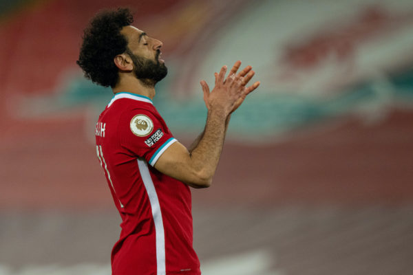 LIVERPOOL, ENGLAND - Saturday, May 8, 2021: Liverpool's Mohamed Salah looks dejected after missing a chance during the FA Premier League match between Liverpool FC and Southampton FC at Anfield. (Pic by David Rawcliffe/Propaganda)