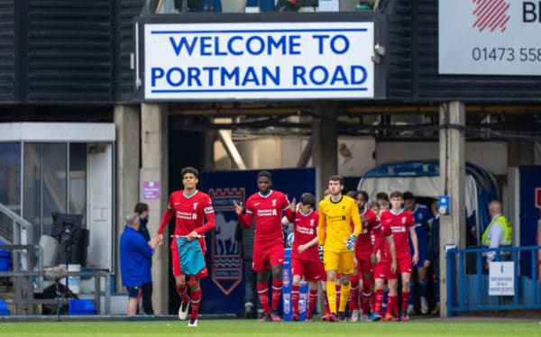 IPSWICH, ENGLAND - Wednesday, May 12, 2021: Liverpool's captain Jarell Quansah leads his side out before the FA Youth Cup Semi-Final match between Ipswich Town FC Under-18's and Liverpool FC Under-18's at Portman Road. (Pic by David Rawcliffe/Propaganda)