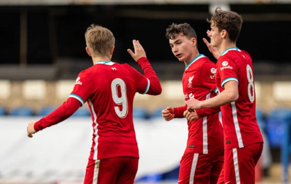 IPSWICH, ENGLAND - Wednesday, May 12, 2021: Liverpool's Mateusz Musialowski celebrates scoring the first equalising goal during the FA Youth Cup Semi-Final match between Ipswich Town FC Under-18's and Liverpool FC Under-18's at Portman Road. (Pic by David Rawcliffe/Propaganda)