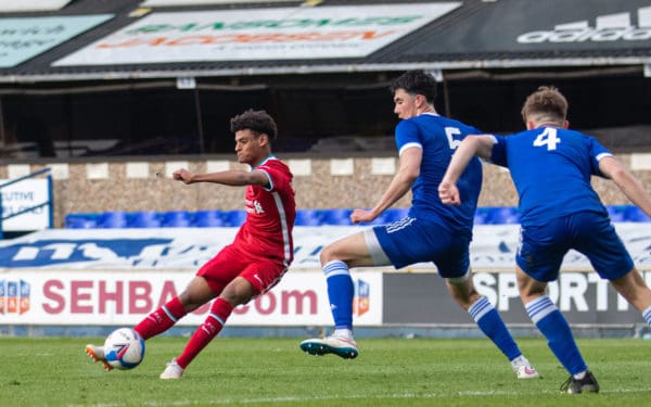 IPSWICH, ENGLAND - Wednesday, May 12, 2021: Liverpool's substitiute Melkamu Frauendorf scores the second goal during the FA Youth Cup Semi-Final match between Ipswich Town FC Under-18's and Liverpool FC Under-18's at Portman Road. (Pic by David Rawcliffe/Propaganda)