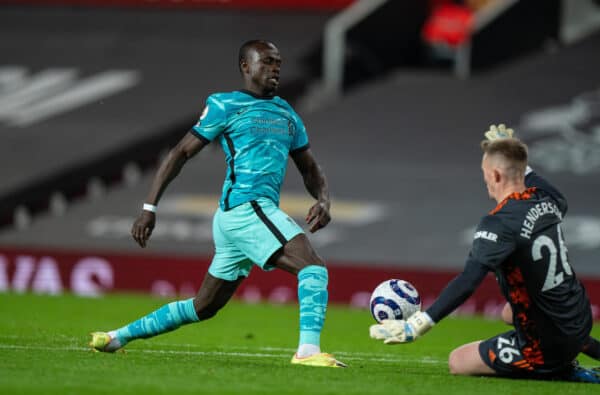 MANCHESTER, ENGLAND - Thursday, May 13, 2021: Liverpool's Sadio Mané is denied by Manchester United's goalkeeper Dean Henderson during the FA Premier League match between Manchester United FC and Liverpool FC at Old Trafford. (Pic by David Rawcliffe/Propaganda)