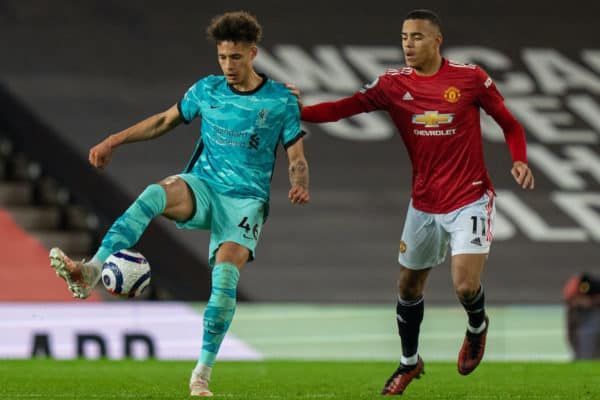 MANCHESTER, ENGLAND - Thursday, May 13, 2021: Liverpool's Rhys Williams (L) and Manchester United's Mason Greenwood during the FA Premier League match between Manchester United FC and Liverpool FC at Old Trafford. (Pic by David Rawcliffe/Propaganda)