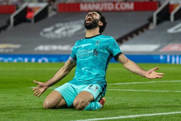 MANCHESTER, ENGLAND - Thursday, May 13, 2021: Liverpool's Mohamed Salah celebrates after scoring the fourth goal during the FA Premier League match between Manchester United FC and Liverpool FC at Old Trafford. (Pic by David Rawcliffe/Propaganda)