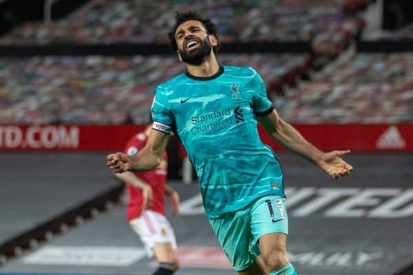 MANCHESTER, ENGLAND - Thursday, May 13, 2021: Liverpool's Mohamed Salah celebrates after scoring the fourth goal during the FA Premier League match between Manchester United FC and Liverpool FC at Old Trafford. (Pic by David Rawcliffe/Propaganda)