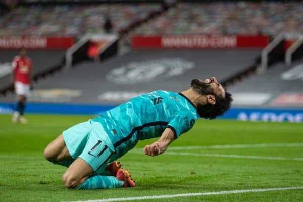 MANCHESTER, ENGLAND - Thursday, May 13, 2021: Liverpool's Mohamed Salah celebrates after scoring the fourth goal during the FA Premier League match between Manchester United FC and Liverpool FC at Old Trafford. (Pic by David Rawcliffe/Propaganda)