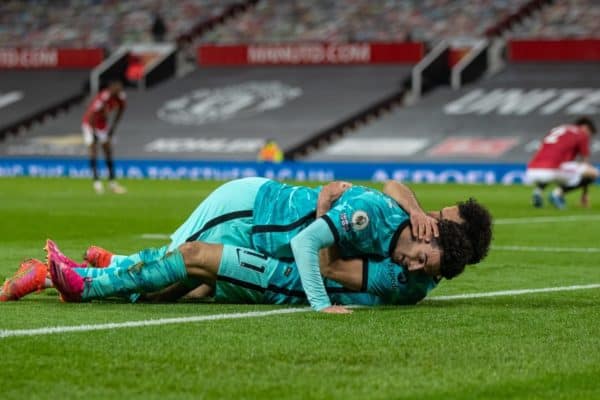 MANCHESTER, ENGLAND - Thursday, May 13, 2021: Liverpool's Mohamed Salah (R) celebrates with team-mate Curtis Jones after scoring the fourth goal during the FA Premier League match between Manchester United FC and Liverpool FC at Old Trafford. (Pic by David Rawcliffe/Propaganda)