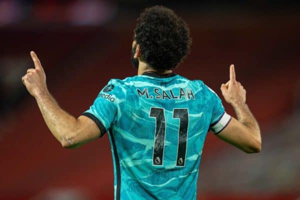 MANCHESTER, ENGLAND - Thursday, May 13, 2021: Liverpool's Mohamed Salah kneels celebrates after scoring the fourth goal during the FA Premier League match between Manchester United FC and Liverpool FC at Old Trafford. (Pic by David Rawcliffe/Propaganda)