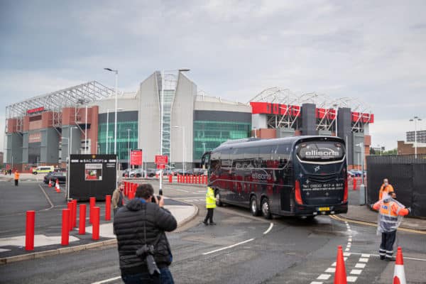 MANCHESTER, ENGLAND - Thursday, May 13, 2021: Liverpool's team coaches arrive with a police escort before the FA Premier League match between Manchester United FC and Liverpool FC at Old Trafford. (Pic by David Rawcliffe/Propaganda)