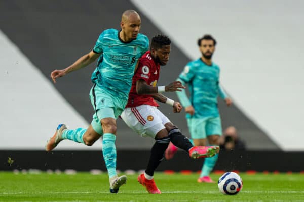 MANCHESTER, ENGLAND - Thursday, May 13, 2021: Liverpool's Fabio Henrique Tavares 'Fabinho' (L) and Manchester United's Frederico Rodrigues de Paula Santos 'Fred' during the FA Premier League match between Manchester United FC and Liverpool FC at Old Trafford. (Pic by David Rawcliffe/Propaganda)