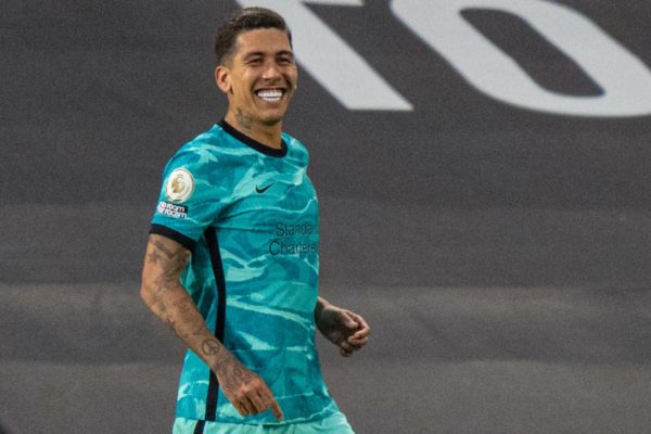 MANCHESTER, ENGLAND - Thursday, May 13, 2021: Liverpool's Roberto Firmino celebrates after scoring the second goal during the FA Premier League match between Manchester United FC and Liverpool FC at Old Trafford. (Pic by David Rawcliffe/Propaganda)