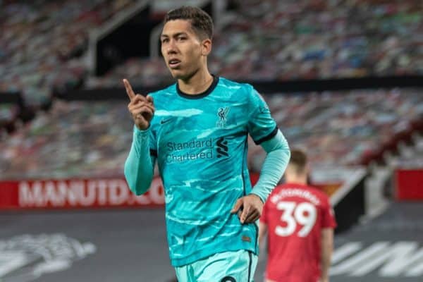 MANCHESTER, ENGLAND - Thursday, May 13, 2021: Liverpool's Roberto Firmino celebrates after scoring the third goal, his second of the game, during the FA Premier League match between Manchester United FC and Liverpool FC at Old Trafford. (Pic by David Rawcliffe/Propaganda)