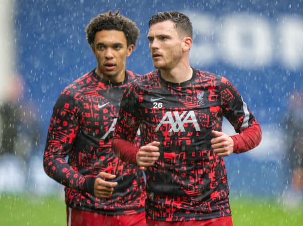 WEST BROMWICH, ENGLAND - Sunday, May 16, 2021: Liverpool's Andy Robertson (R) and Trent Alexander-Arnold (L) during the pre-match warm-up before the FA Premier League match between West Bromwich Albion FC and Liverpool FC at The Hawthorns. (Pic by David Rawcliffe/Propaganda)