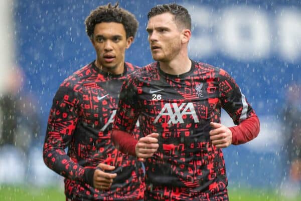 WEST BROMWICH, ENGLAND - Sunday, May 16, 2021: Liverpool's Andy Robertson (R) and Trent Alexander-Arnold (L) during the pre-match warm-up before the FA Premier League match between West Bromwich Albion FC and Liverpool FC at The Hawthorns. (Pic by David Rawcliffe/Propaganda)