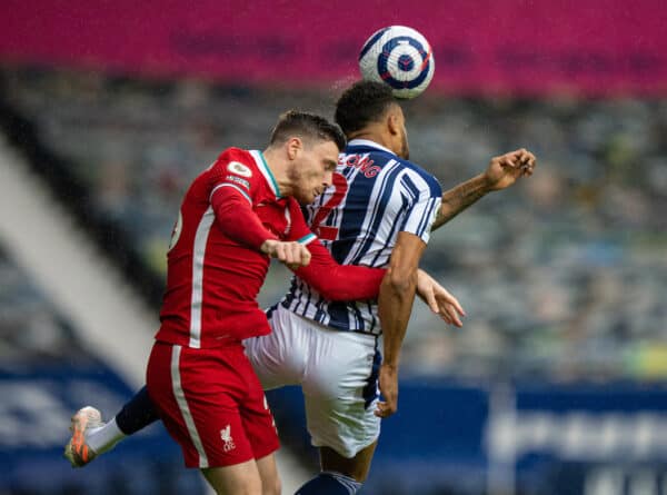 WEST BROMWICH, ENGLAND - Sunday, May 16, 2021: Liverpool's Andy Robertson (L) challenges for a header with West Bromwich Albion's Darnell Furlong during the FA Premier League match between West Bromwich Albion FC and Liverpool FC at The Hawthorns. (Pic by David Rawcliffe/Propaganda)